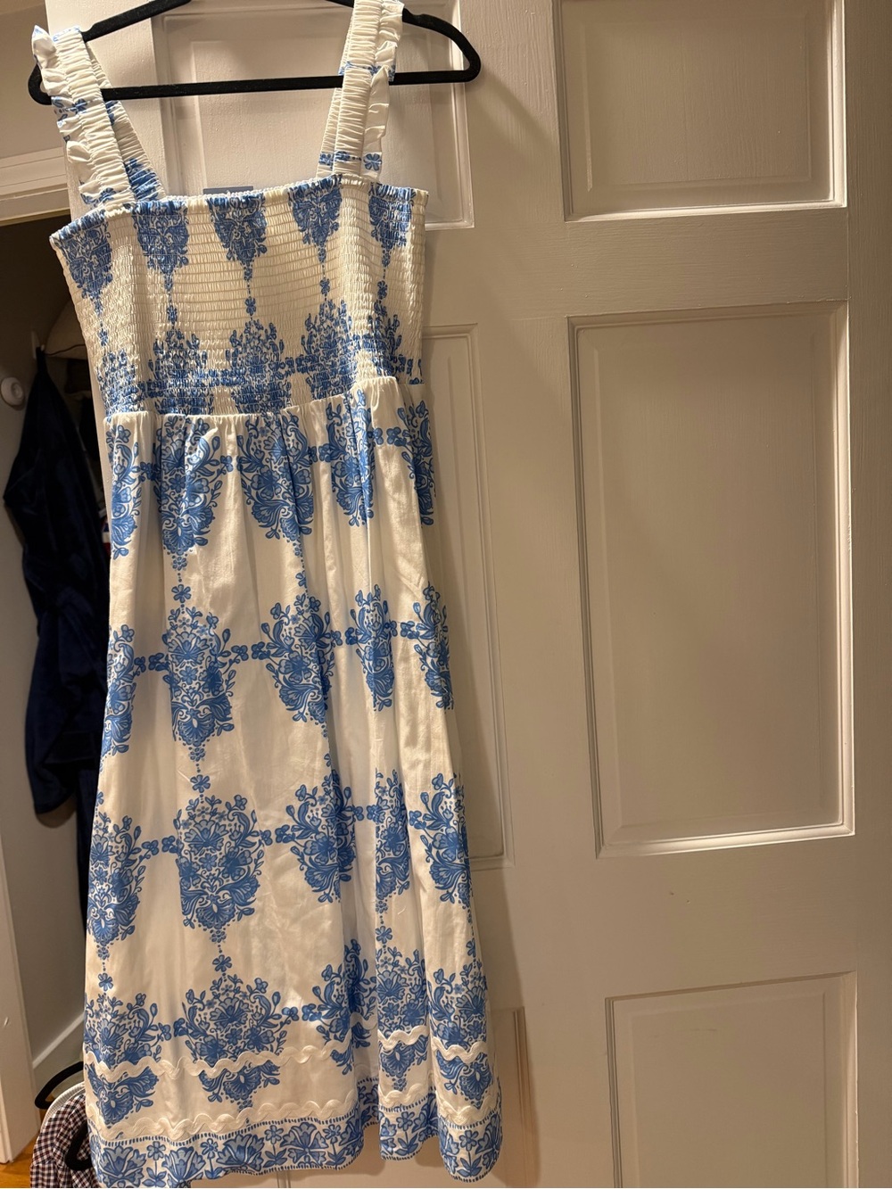 Womens Blue and White Sundress with Smocked Bodice